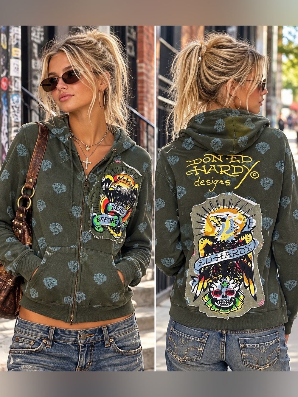 Ed Hardy Womens S Y2K Zip Hoodie Eagle Tattoo Graphic Green Christian Audigier